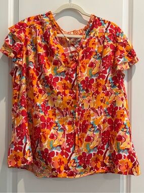 Plus Size 2X Floral Ruffle Sleeve Peasant Blouse Boho Tie Neck Summer Top